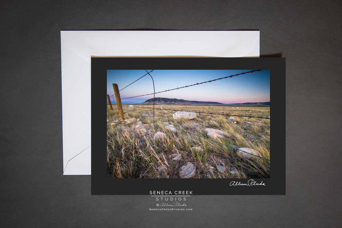 "Barbed Wire Fence Western Mountain Sunset in Wyoming" Photo Art Greeting Card - Seneca Creek Studios