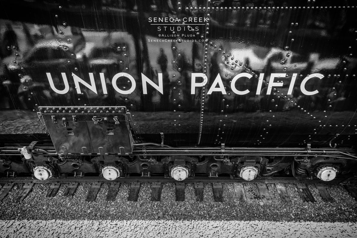 Black Metal Union Pacific Big Boy No. 4014 Steam Locomotive Train Black and White - Seneca Creek Studios