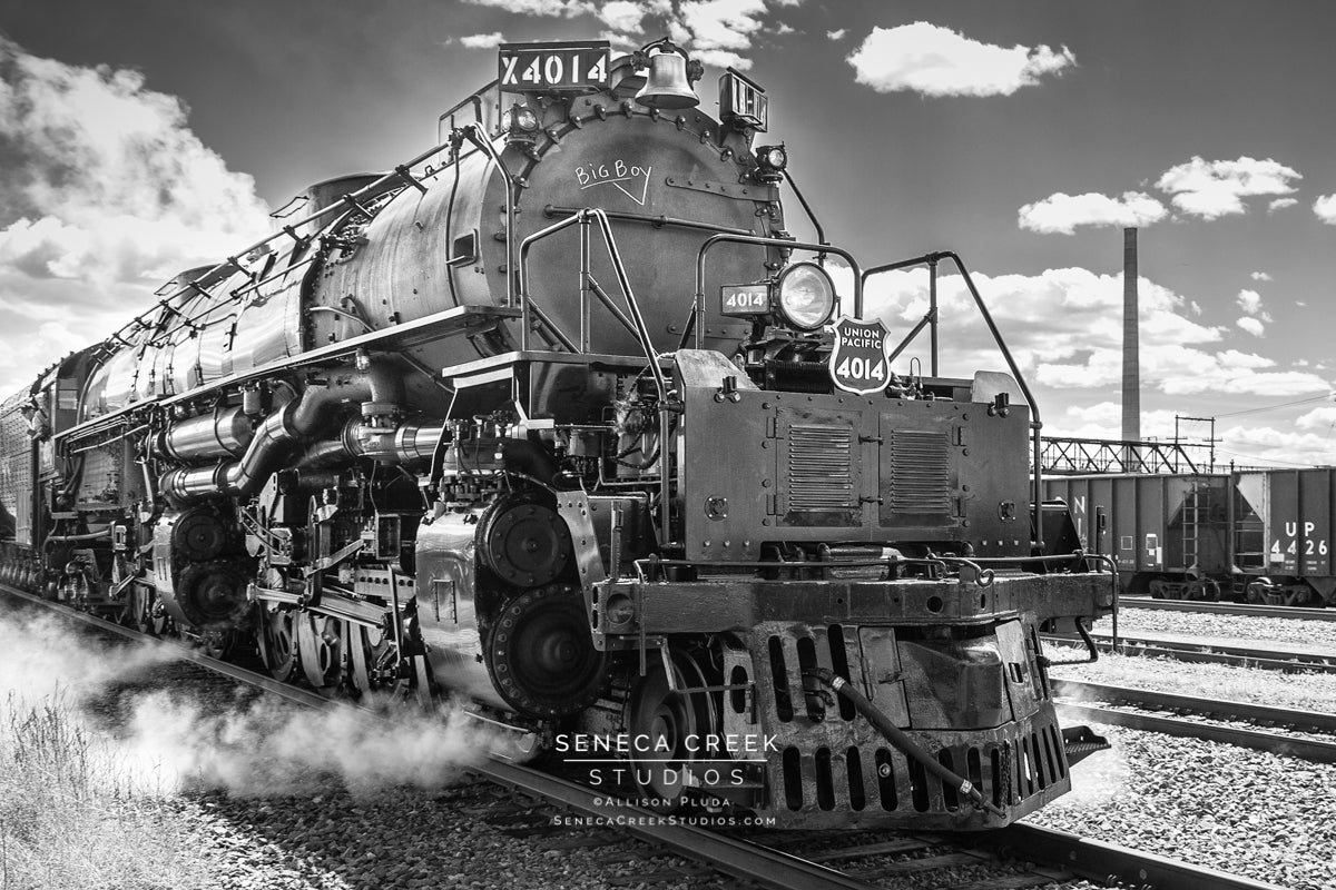 Union Pacific Steam Locomotive Train Big Boy No. 4014 Rolling by Laramie, Wyoming Black and White - Seneca Creek Studios
