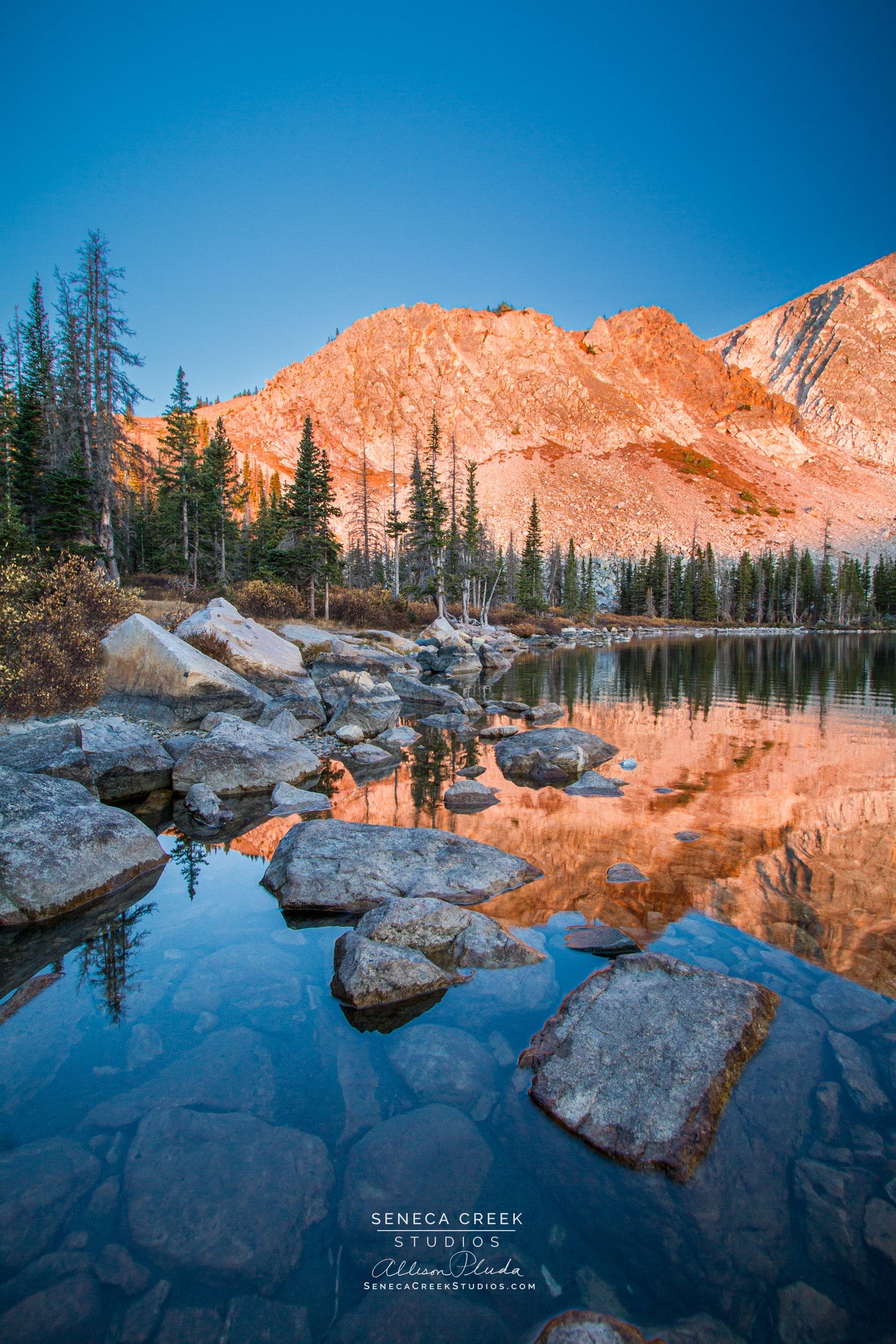 "Rocky Mountain Sunrise Alpenglow Lake Reflections" 12x18 Fine Art Metal Print - IN STOCK