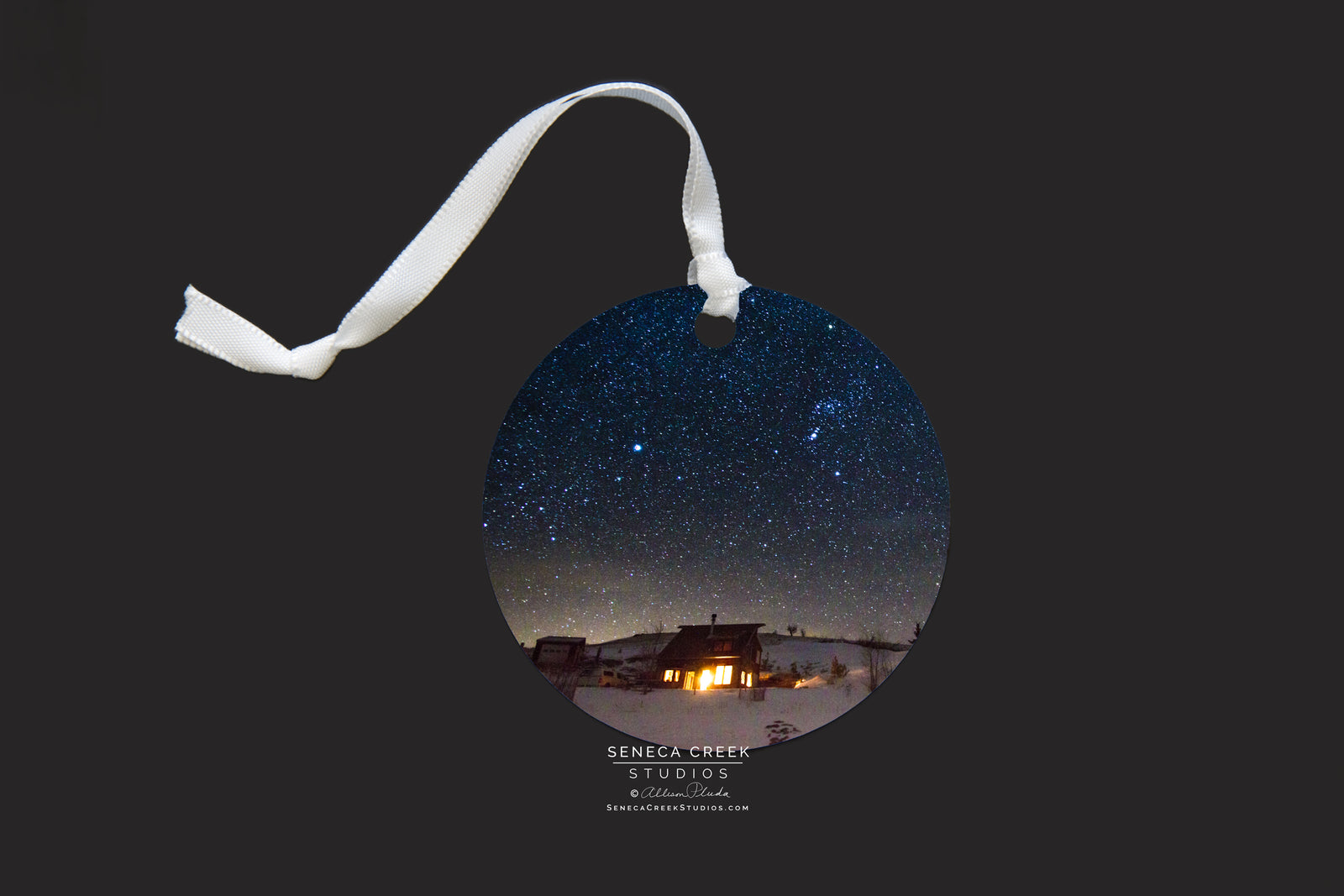 "Starry Winter Cabin” Fine Art Metal Print Ornaments