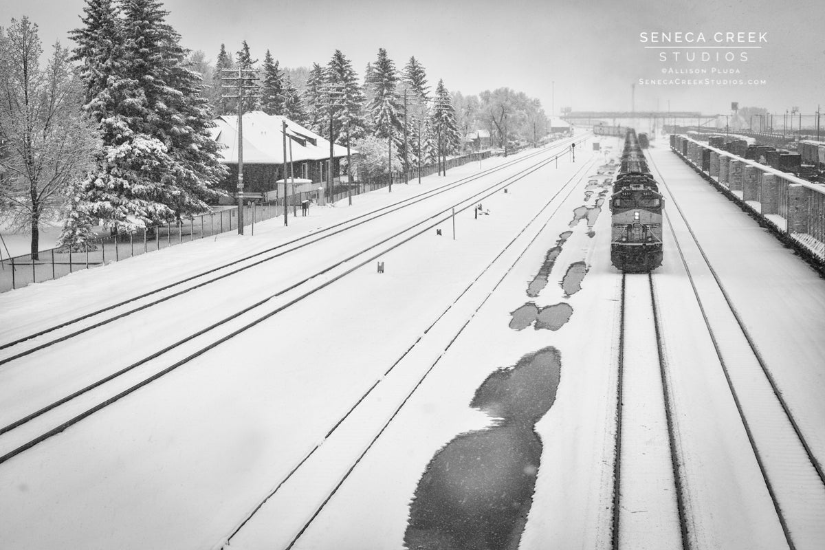 "Train Leaving the Railraod Depot in the Winter Snow, Laramie, Wyoming" Fine Art Photography Print - Seneca Creek Studios