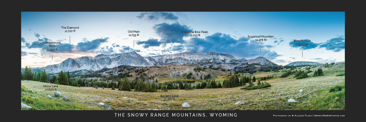 Snowy Range Mountains, Wyoming Panoramic Fine Art Print WITH Peak Names & Elevations - Seneca Creek Studios
