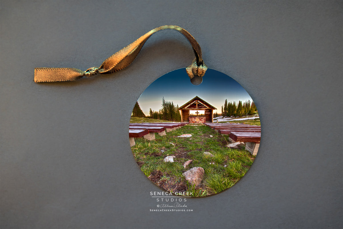 "Wyoming Mountain Chapel” Fine Art Metal Print Ornaments - Seneca Creek Studios