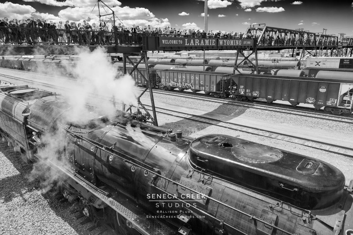 Union Pacific Big Boy No. 4014 Steam Locomotive Train, Footbridge, Laramie, Wyoming Black and White - Seneca Creek Studios