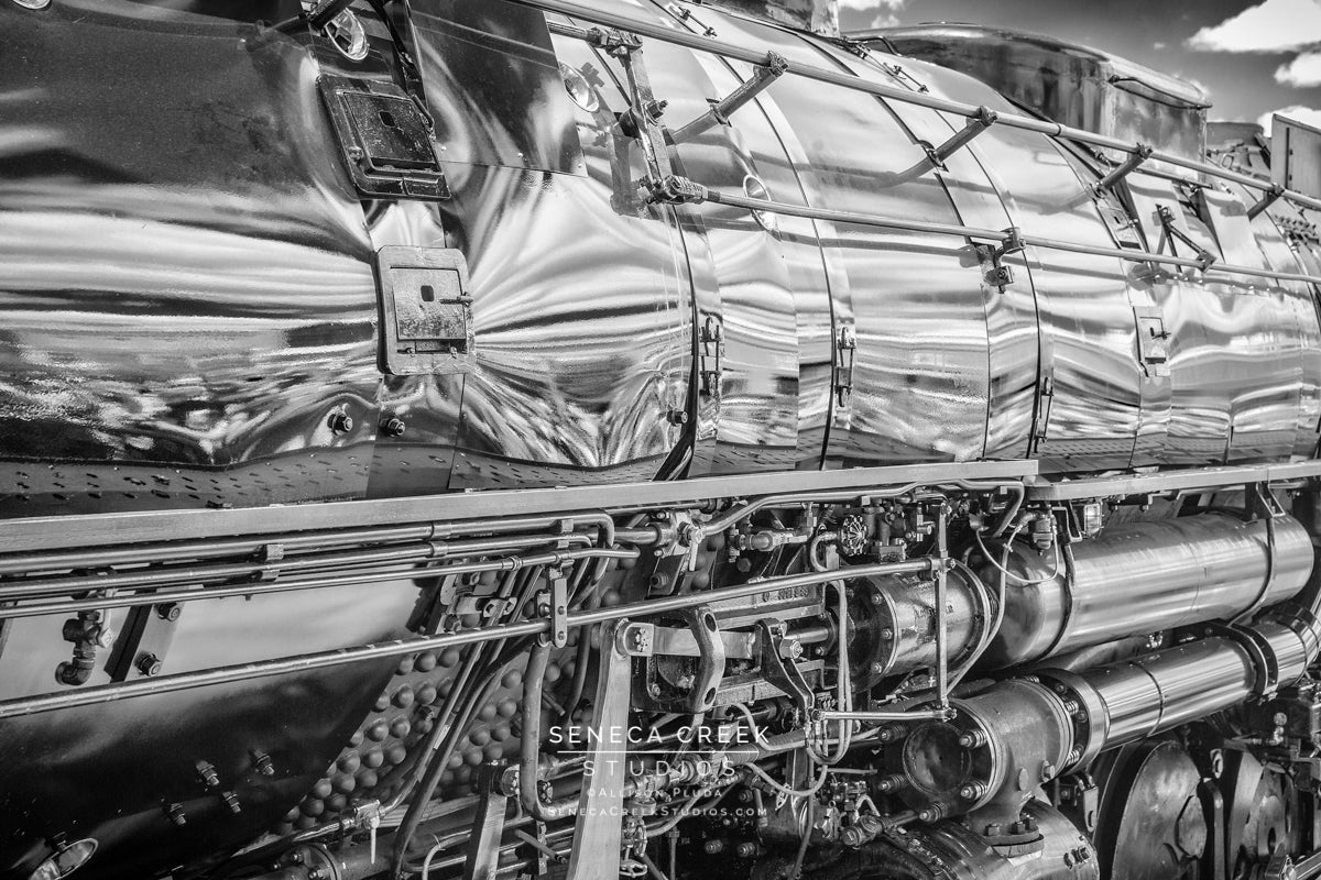 Downtown Laramie, Wyoming Reflected in Union Pacific Big Boy No. 4014 Steam Locomotive Black and White - Seneca Creek Studios