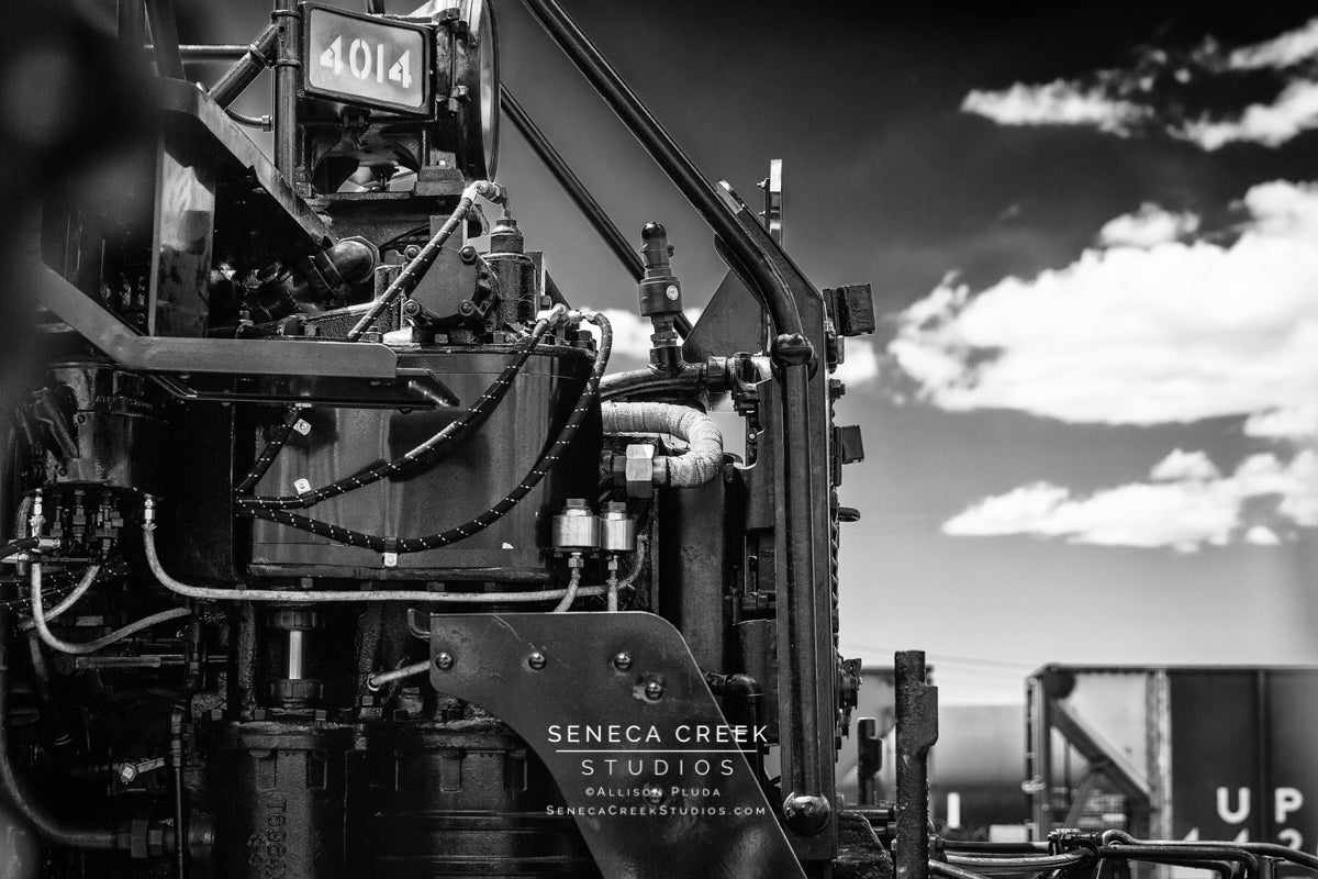 Front of The Largest Steam Locomotive Train in the World UP Big Boy No. 4014 Black and White - Seneca Creek Studios