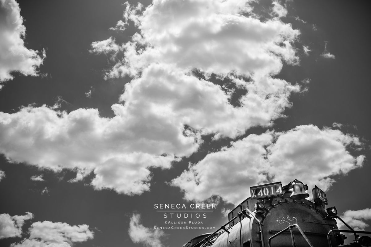 Blue Sky and the UP Steam Locomotive Train Big Boy No. 4014 in Laramie, Wyoming Black and White - Seneca Creek Studios