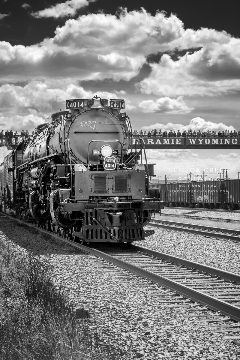 Union Pacific Steam Locomotive Train Big Boy No. 4014 Leaving Laramie, Wyoming Black and White - Seneca Creek Studios