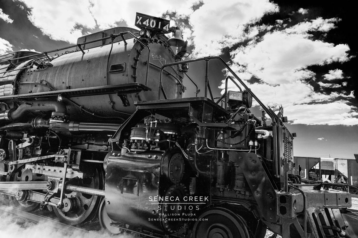 Union Pacific Steam Locomotive Train Big Boy No. 4014 Driving by Laramie, Wyoming Black and White - Seneca Creek Studios