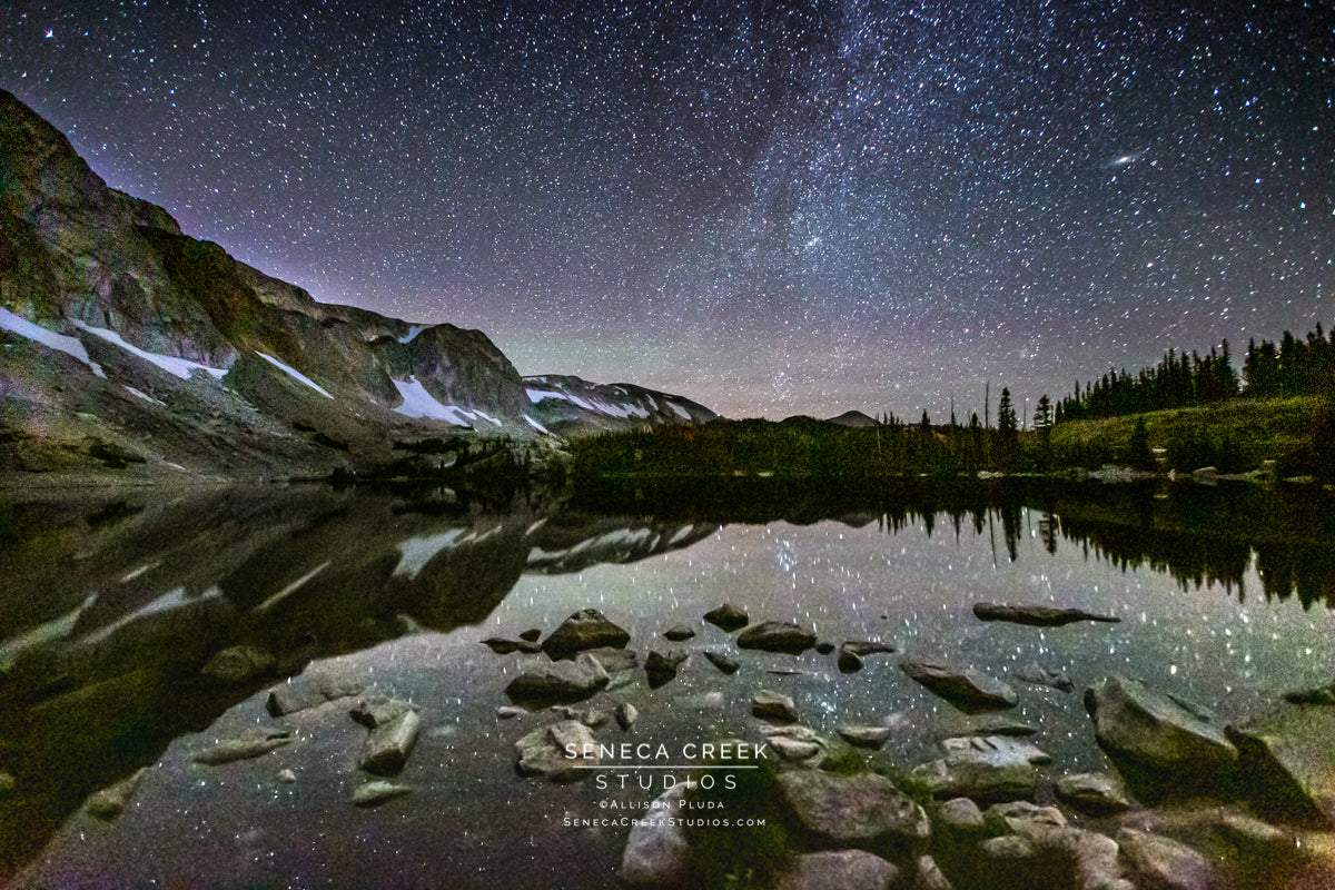 The Milky Way Reflected in Wyoming Mountain Lake |   | Professional Fine Art Western, Rocky Mountains, and Wyoming Nature and Landscape Photography Archival Fine Art Wall Prints and Decor by Seneca Creek Studios. © Copyright Allison Pluda