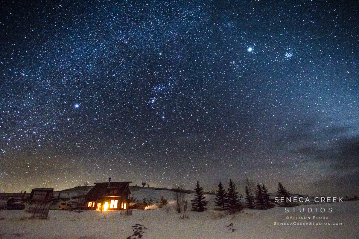 "Cabin under Orion and a winter starry sky, Sybille Canyon, Wyoming" Fine Art Photographic Print - Seneca Creek Studios