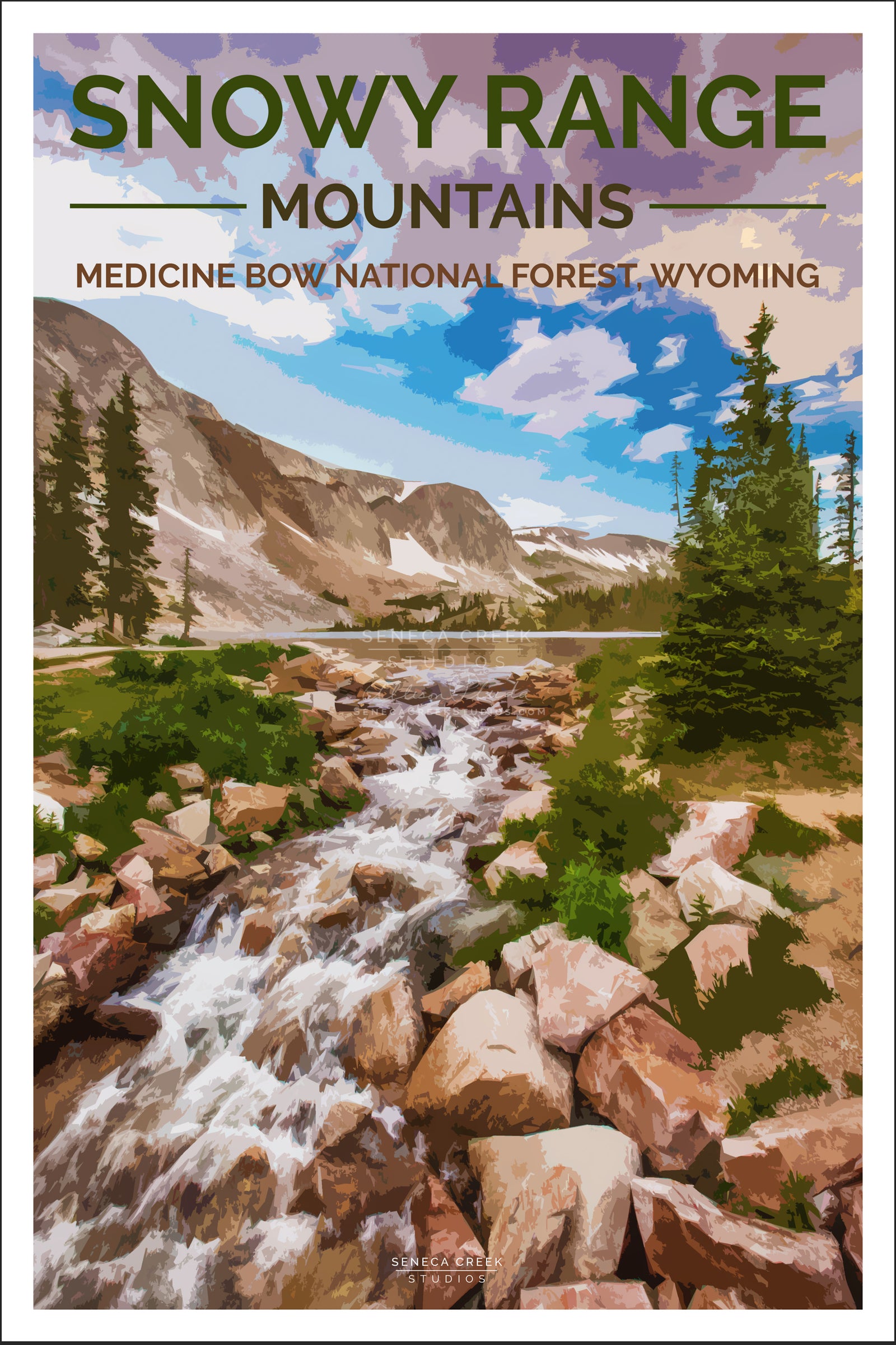 “The Snowy Range Mountains, Medicine Bow National Forest” 12x18 High Quality Poster Art Print - Original Artwork - Laramie, Wyoming, Centennial, Wyoming, Lake Marie Falls by Allison Pluda / Seneca Creek Studios