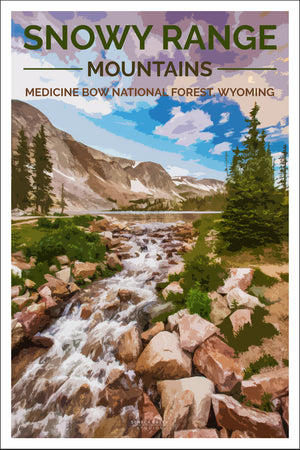 “The Snowy Range Mountains, Medicine Bow National Forest” 12x18 High Quality Poster Art Print - Original Artwork - Laramie, Wyoming, Centennial, Wyoming, Lake Marie Falls by Allison Pluda / Seneca Creek Studios