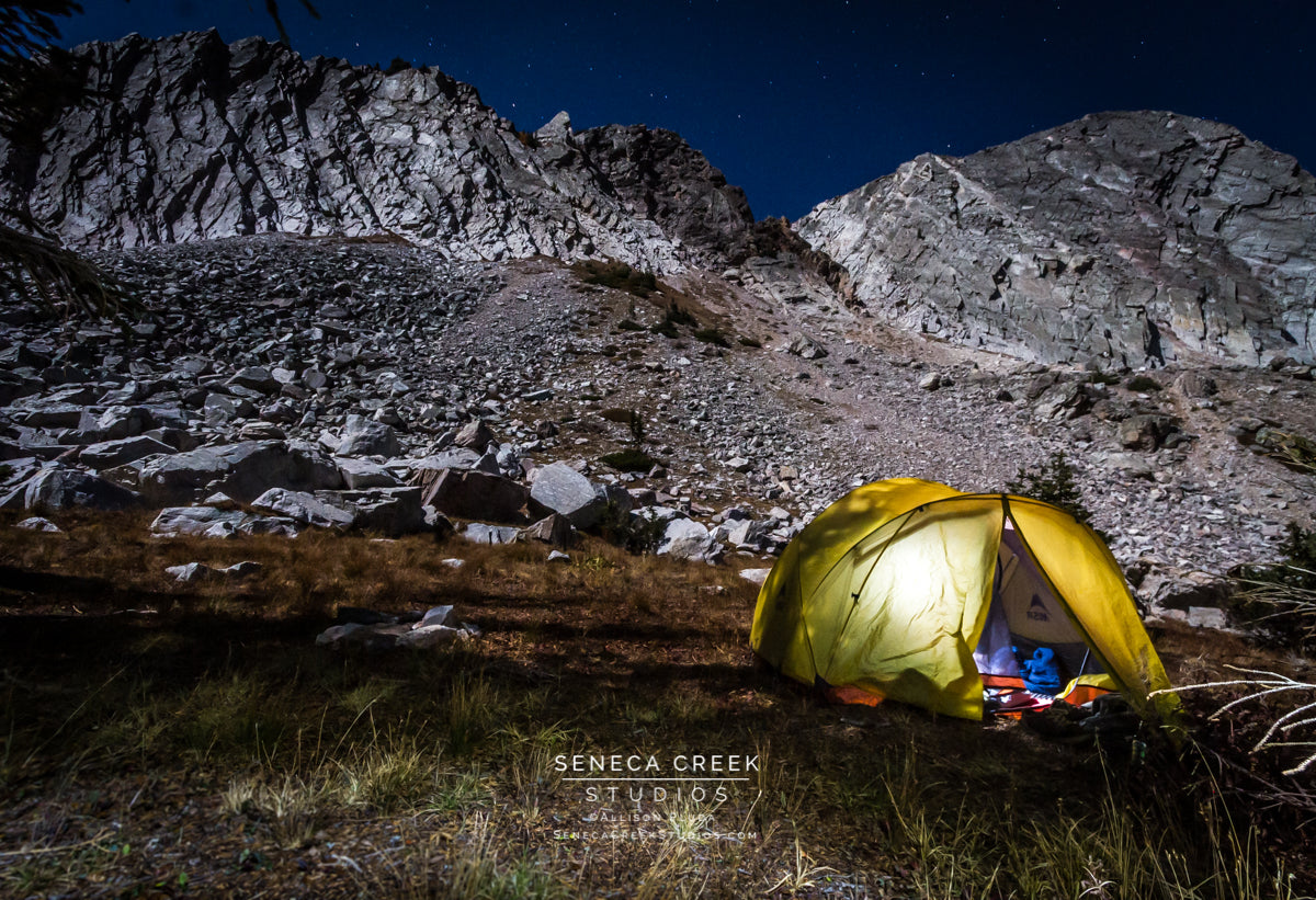 "Camp at the Base of the Rocky Mountains on a Full Moon, Wyoming" Fine Art Photography Print - Seneca Creek Studios
