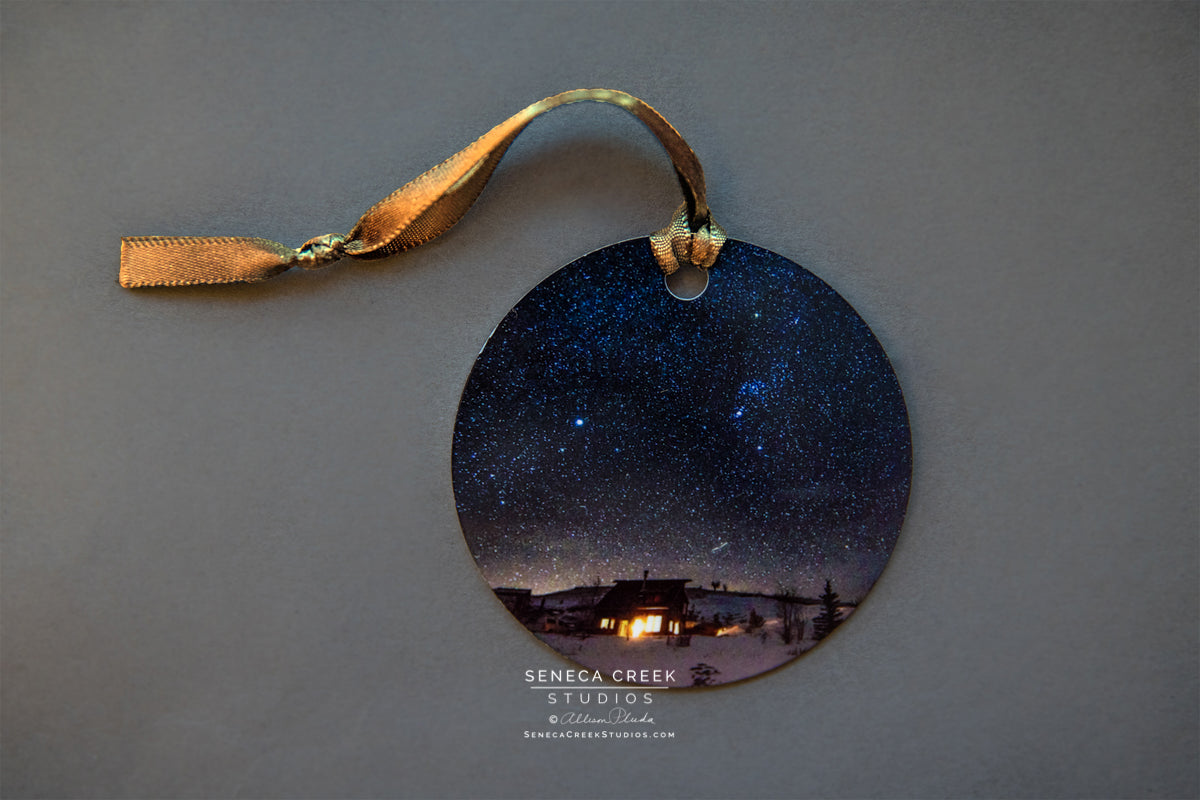 "Starry Winter Cabin” Fine Art Metal Print Ornaments - Seneca Creek Studios